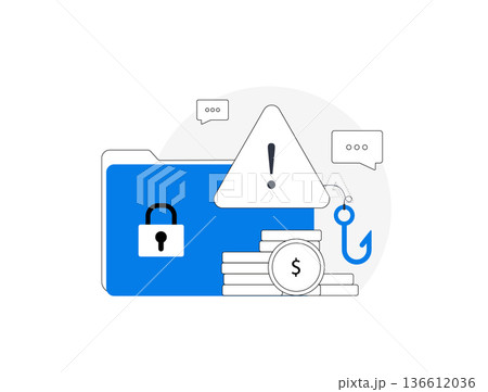 Ransomware attack detection and file recovery, cybersecurity data protection for business system, digital lock and folder warning icon, modern flat infographic UI, isolated outline vector illustration Ransomware attack detection and file recovery, cybersecurity data protection for business system, digital lock and folder warning icon, modern flat infographic UI, isolated outline vector illustration 136612036