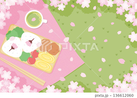 桜の花びらが舞う和風のお花見弁当の背景イラスト 136612060