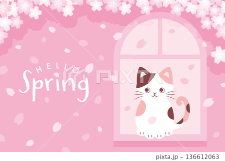 窓際で舞う桜の花を眺める猫の背景イラスト 窓際で舞う桜の花を眺める猫の背景イラスト 136612063