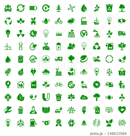 Eco environment icons set in flat style. Ecology vector illustration on white isolated background. Bio emblem sign business concept. Eco environment icons set in flat style. Ecology vector illustration on white isolated background. Bio emblem sign business concept. 136612084