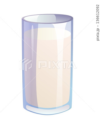 Cartoon milk drink. Tall transparent glossy glass filled with creamy white milk, isolated on white background. Fresh dairy beverage for breakfast. Vector lactose free milk, oat, coconut and rice milk 136612092