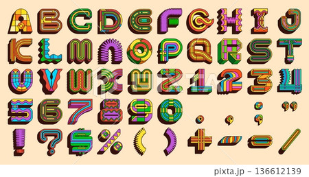 Y2k font, groovy typeface letters. Vector color geometric english alphabet with letters, numbers and punctuation, bold outlines and funky retro elements in y2k aesthetic. Playful abc with latin symbol 136612139