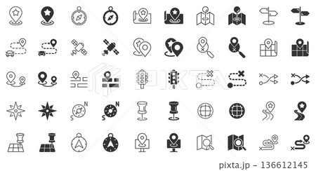 Navigation icon set in flat style. Gps direction vector illustration on white isolated background. Locate pin position business concept. Navigation icon set in flat style. Gps direction vector illustration on white isolated background. Locate pin position business concept. 136612145