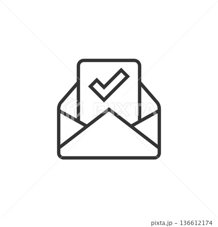 Envelope with confirmed document icon in flat style. Verify vector illustration on white isolated background. Receive business concept. Envelope with confirmed document icon in flat style. Verify vector illustration on white isolated background. Receive business concept. 136612174