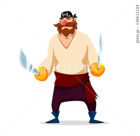 Cartoon pirate vector character. Corsair fighter with thick brown beard and black bandana holds two shiny curved sabers, ready for battle. Angry pirate personage with red nose for party 136612184