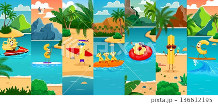 Cartoon Italian happy pasta vector characters enjoying a summer vacation. Spaghetti on jet ski, macaroni on a surfboard, penne and rigatoni on beach, lasagna on banana boat rides, fusilli on flat ring 136612195