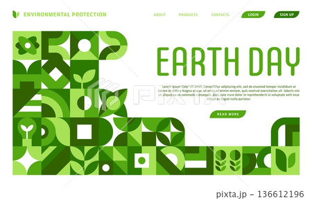 Ecology Earth day landing page template. Layout stacked green geometric tiles and leaf like shapes arranged in a modular grid. Vector Earth day banner, save world environmental postcard Ecology Earth day landing page template. Layout stacked green geometric tiles and leaf like shapes arranged in a modular grid. Vector Earth day banner, save world environmental postcard 136612196
