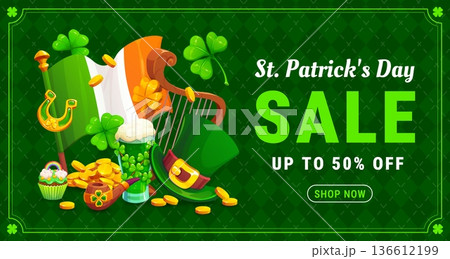 St Patricks day sale banner or voucher. Spring holiday price off vector flyer, march season coupon or St Patrick sale banner with Ireland flag, leprechaun top hat, harp, golden coins and green ale 136612199