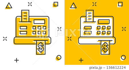 Cash register icon in comic style. Check machine cartoon vector illustration on white isolated background. Payment splash effect business concept. Cash register icon in comic style. Check machine cartoon vector illustration on white isolated background. Payment splash effect business concept. 136612224