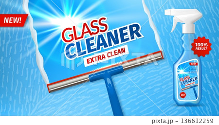 Realistic window glass cleaner bottle, squeegee and foam. Vector glass cleaner spray bottle with transparent liquid. Squeegee wipes off foamy surface to reveal shiny clean glass with sun reflections 136612259