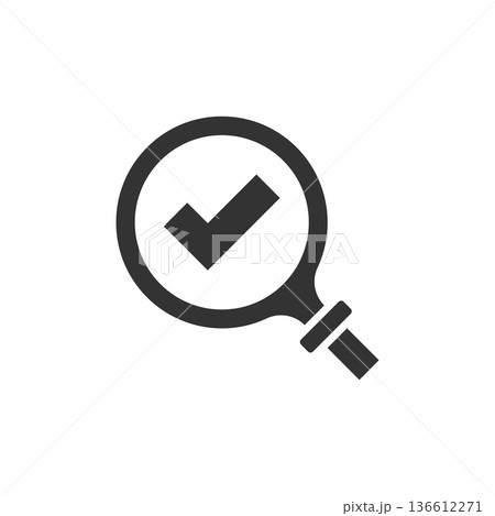 Check mark with magnifying glass icon in flat style. Loupe accept vector illustration on white isolated background. Search checklist business concept. Check mark with magnifying glass icon in flat style. Loupe accept vector illustration on white isolated background. Search checklist business concept. 136612271