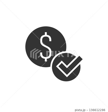 Coin check mark icon in flat style. Money approval vector illustration on white isolated background. Confirm business concept. 136612286