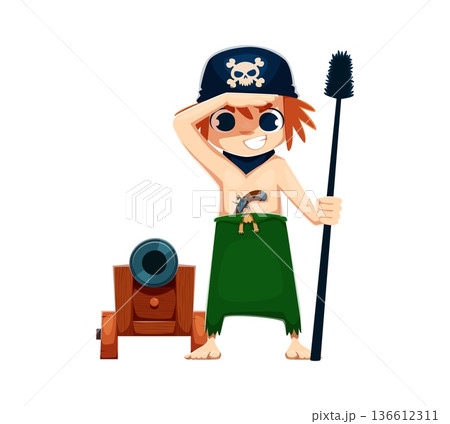 Cartoon kid corsair pirate character with cannon and cannonball pusher looking on distance. Vector brave gunner child personage in playful party costume and bandana ready for adventure and sea battle 136612311