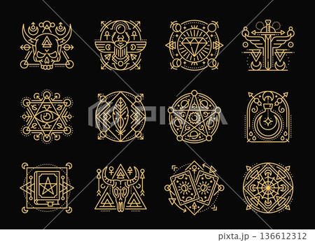 Esoteric tarot card line symbols, mystic boho tattoo. Vector set of magical occult alchemy spirituality elements or sacred patterns with pentagram, skull, moon, eye, potion, gemstone, sword, sun, book 136612312