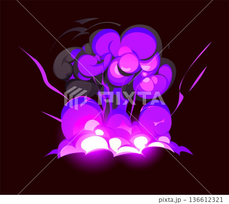 Cartoon purple bomb explosion, fire cloud and magic smoke effect. Vector blast attack with glowing energy sparks and dark smoke. Vector fantasy vfx element for combat, magic fight and fantasy games 136612321