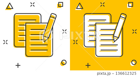 Document note with pen icon in comic style. Paper sheet pencil cartoon vector illustration on white background. Notepad document splash effect business concept. Document note with pen icon in comic style. Paper sheet pencil cartoon vector illustration on white background. Notepad document splash effect business concept. 136612325