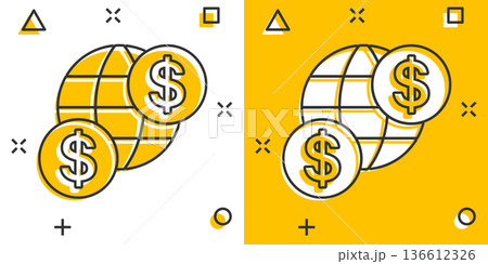Global business icon in comic style. Money transaction cartoon vector illustration on white isolated background. Banknote bill security  splash effect business concept. 136612326