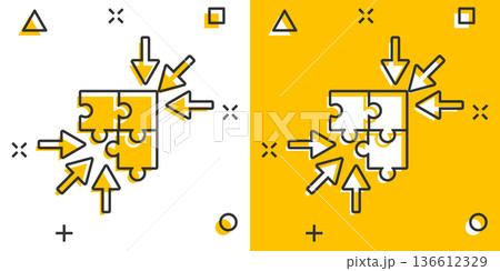 Puzzle jigsaw icon in comic style. Solution compatible cartoon vector illustration on white isolated background. Combination splash effect business concept. 136612329