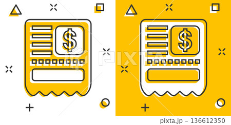 Money check icon in comic style. Checkbook cartoon vector illustration on white isolated background. Finance voucher splash effect business concept. Money check icon in comic style. Checkbook cartoon vector illustration on white isolated background. Finance voucher splash effect business concept. 136612350