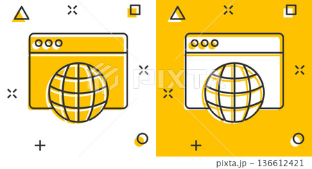 Website domain icon in comic style. Global internet address cartoon vector illustration on white isolated background. Server splash effect business concept. Website domain icon in comic style. Global internet address cartoon vector illustration on white isolated background. Server splash effect business concept. 136612421