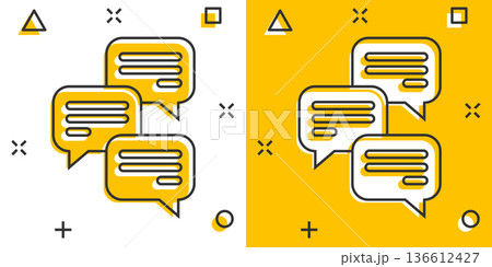 Speak chat sign icon in comic style. Speech bubbles cartoon vector illustration on white isolated background. Team discussion button splash effect business concept. 136612427