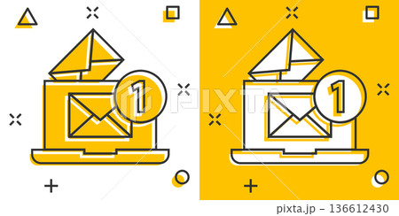 Laptop with email icon in comic style. Mail notification cartoon vector illustration on white isolated background. Envelope with message splash effect business concept. Laptop with email icon in comic style. Mail notification cartoon vector illustration on white isolated background. Envelope with message splash effect business concept. 136612430