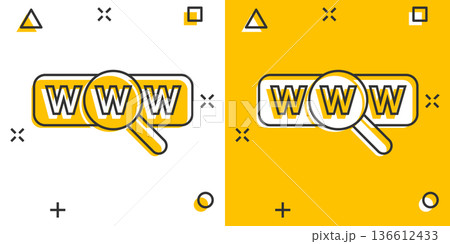Global search icon in comic style. Website address cartoon vector illustration on white isolated background. WWW network splash effect business concept. 136612433