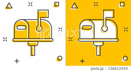 Mailbox icon in comic style. Postbox cartoon vector illustration on white isolated background. Email envelope splash effect business concept. Mailbox icon in comic style. Postbox cartoon vector illustration on white isolated background. Email envelope splash effect business concept. 136612434