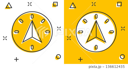 Compass icon in comic style. Navigation equipment cartoon vector illustration on white isolated background. Journey direction splash effect business concept. 136612435