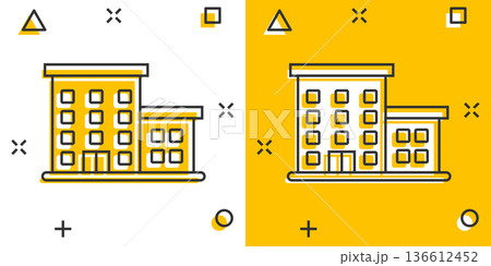 Building icon in comic style. Town skyscraper apartment cartoon vector illustration on white isolated background. City tower splash effect business concept. Building icon in comic style. Town skyscraper apartment cartoon vector illustration on white isolated background. City tower splash effect business concept. 136612452