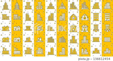 Building icon set in comic style. Town skyscraper apartment cartoon vector illustration on white isolated background. City tower splash effect business concept. 136612454