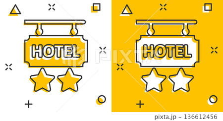 Hotel 2 stars sign icon in comic style. Inn cartoon vector illustration on white isolated background. Hostel room information splash effect business concept. 136612456