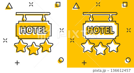 Hotel 3 stars sign icon in comic style. Inn cartoon vector illustration on white isolated background. Hostel room information splash effect business concept. Hotel 3 stars sign icon in comic style. Inn cartoon vector illustration on white isolated background. Hostel room information splash effect business concept. 136612457