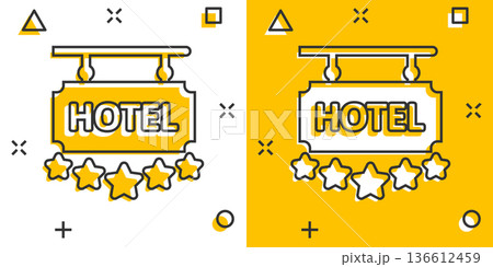 Hotel 5 stars sign icon in comic style. Inn cartoon vector illustration on white isolated background. Hostel room information splash effect business concept. Hotel 5 stars sign icon in comic style. Inn cartoon vector illustration on white isolated background. Hostel room information splash effect business concept. 136612459