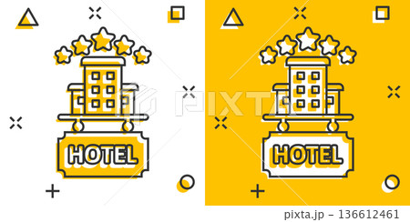 Hotel 3 stars sign icon in comic style. Inn building cartoon vector illustration on white isolated background. Hostel room splash effect business concept. Hotel 3 stars sign icon in comic style. Inn building cartoon vector illustration on white isolated background. Hostel room splash effect business concept. 136612461