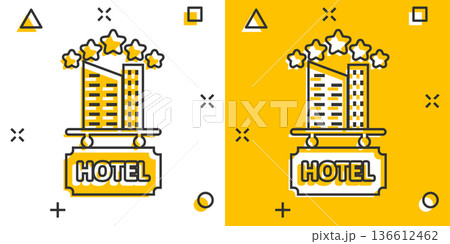 Hotel 3 stars sign icon in comic style. Inn building cartoon vector illustration on white isolated background. Hostel room splash effect business concept. 136612462