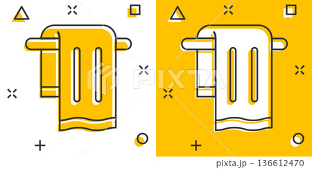 Bathroom towel icon in comic style. Washcloth cartoon vector illustration on white isolated background. Hygiene wiping splash effect business concept. Bathroom towel icon in comic style. Washcloth cartoon vector illustration on white isolated background. Hygiene wiping splash effect business concept. 136612470