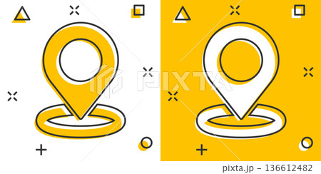 Map pin icon in comic style. Gps navigation cartoon vector illustration on white isolated background. Locate position splash effect business concept. 136612482