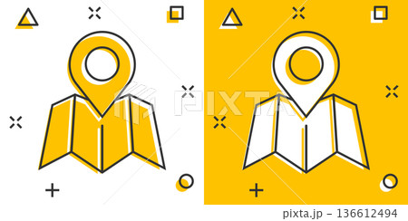 Map pin icon in comic style. Gps navigation cartoon vector illustration on white isolated background. Locate position splash effect business concept. Map pin icon in comic style. Gps navigation cartoon vector illustration on white isolated background. Locate position splash effect business concept. 136612494