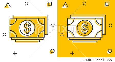 Dollar currency banknote icon in comic style. Dollar cash cartoon vector illustration on white isolated background. Banknote bill splash effect business concept. Dollar currency banknote icon in comic style. Dollar cash cartoon vector illustration on white isolated background. Banknote bill splash effect business concept. 136612499