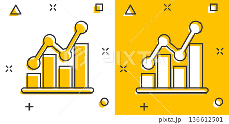 Chart graph icon in comic style. Arrow grow cartoon vector illustration on white isolated background. Analysis splash effect business concept. Chart graph icon in comic style. Arrow grow cartoon vector illustration on white isolated background. Analysis splash effect business concept. 136612501