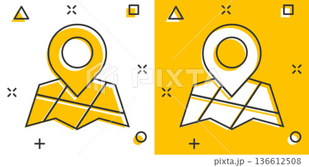 Map with magnifier icon in comic style. Gps navigation cartoon vector illustration on white isolated background. Locate position splash effect business concept. Map with magnifier icon in comic style. Gps navigation cartoon vector illustration on white isolated background. Locate position splash effect business concept. 136612508