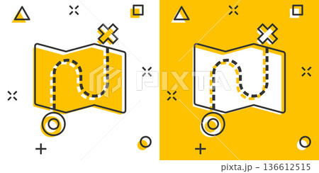Map pin icon in comic style. GPS navigation cartoon vector illustration on white isolated background. Locate position splash effect business concept. 136612515
