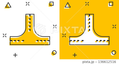 Crossroad icon in comic style. Road direction navigation cartoon vector illustration on white isolated background. Locate pin position splash effect business concept. Crossroad icon in comic style. Road direction navigation cartoon vector illustration on white isolated background. Locate pin position splash effect business concept. 136612516