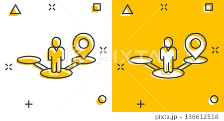Map pin icon in comic style. Gps navigation cartoon vector illustration on white isolated background. Locate position splash effect business concept. Map pin icon in comic style. Gps navigation cartoon vector illustration on white isolated background. Locate position splash effect business concept. 136612518