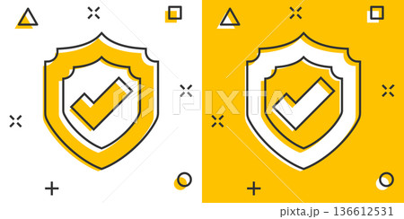 Shield with check mark icon in comic style. Protect cartoon vector illustration on white isolated background. Checkmark guard splash effect business concept. Shield with check mark icon in comic style. Protect cartoon vector illustration on white isolated background. Checkmark guard splash effect business concept. 136612531