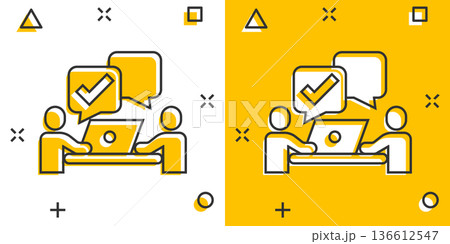 People with laptop computer icon in comic style. Pc user check mark cartoon vector illustration on white isolated background. Office manager splash effect business concept. People with laptop computer icon in comic style. Pc user check mark cartoon vector illustration on white isolated background. Office manager splash effect business concept. 136612547