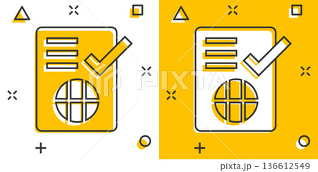 To do list icon in comic style. Document checklist cartoon vector illustration on white isolated background. Notepad check mark splash effect business concept. 136612549