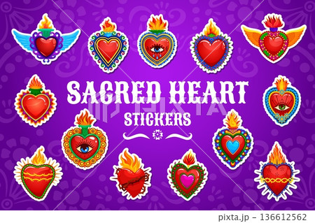 Cartoon Mexican sacred hearts vector stickers. Ornate sacred hearts glow with red and gold tones, surrounded by fire, angel wings and eye motifs. Mexican folk, tattoo, day of the dead hearts patches Cartoon Mexican sacred hearts vector stickers. Ornate sacred hearts glow with red and gold tones, surrounded by fire, angel wings and eye motifs. Mexican folk, tattoo, day of the dead hearts patches 136612562