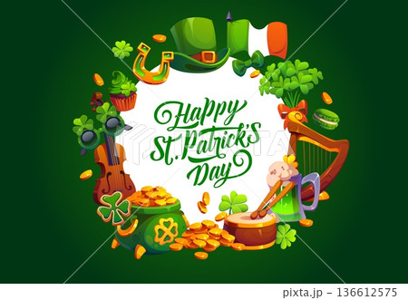 Happy St Patrick's day banner. Irish folk celebration vector flyer, Saint Patrick holiday poster with musical instruments, leprechaun hat, pot with golden coins, Ireland flag and shamrock clovers Happy St Patrick's day banner. Irish folk celebration vector flyer, Saint Patrick holiday poster with musical instruments, leprechaun hat, pot with golden coins, Ireland flag and shamrock clovers 136612575